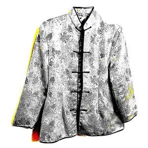 Chinese Asian Jacket Blazer Floral Dressy Evening Elegant Green Gold Silver M/L?